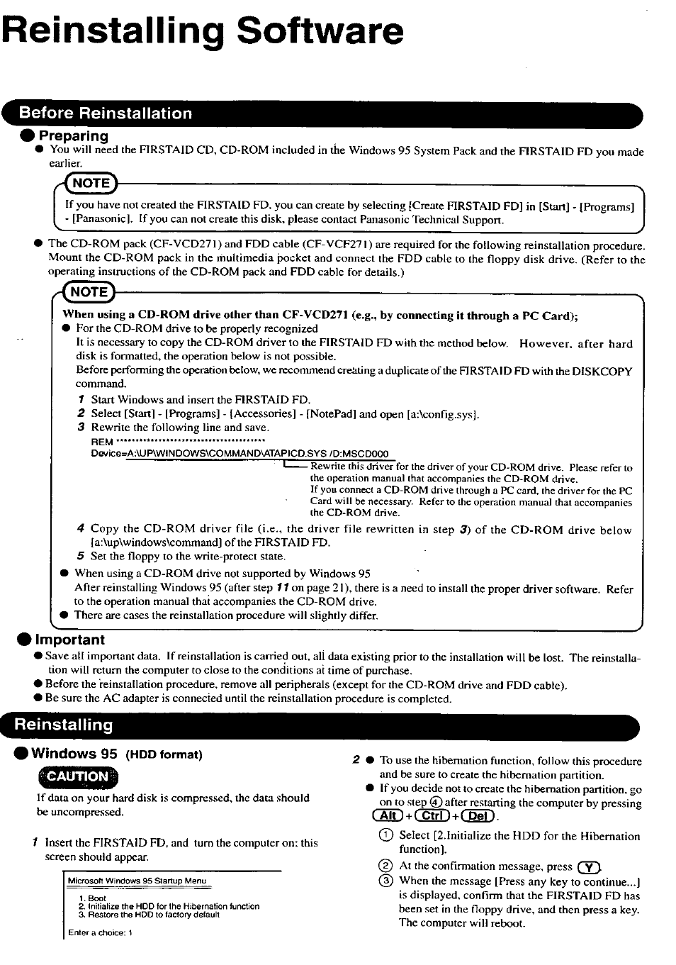 Reinstalling software, Before reinstallation, Preparing | Important, Reinstalling, Windows 95 (hdd format), 5e)+csrd+cdid | Panasonic CF-27 User Manual | Page 20 / 28