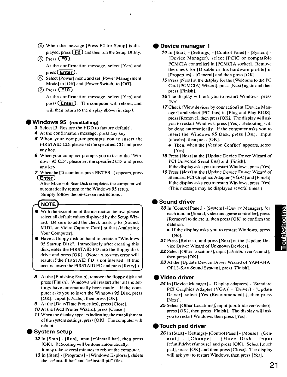 Windows 95 (reinstalling), C enter j, System setup | Device manager 1, Sound driver, Video driver, Touch pad driver | Panasonic CF-27 User Manual | Page 21 / 28