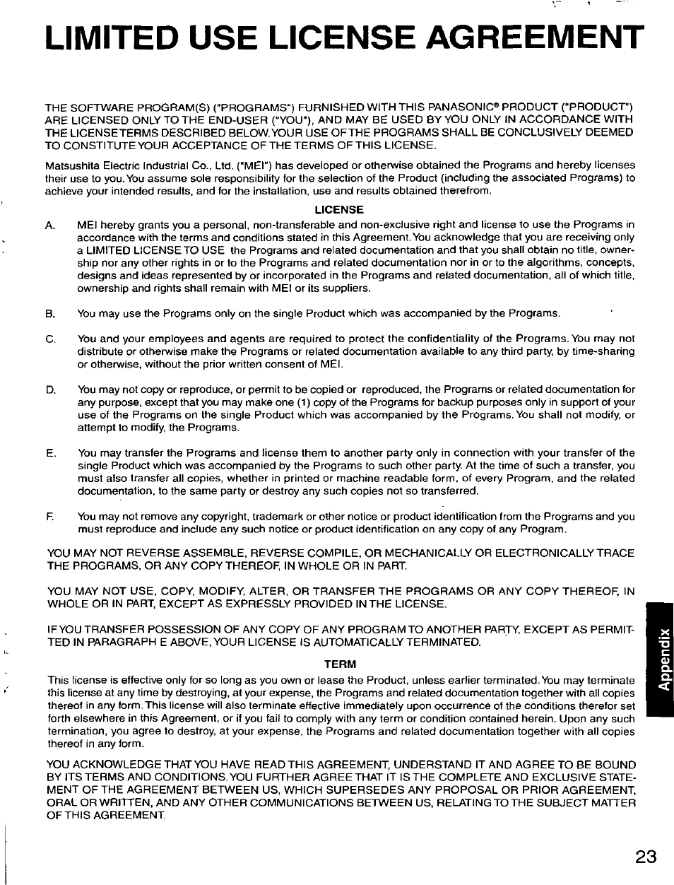 License, Term, Limited use license agreement | Panasonic CF-27 User Manual | Page 23 / 28