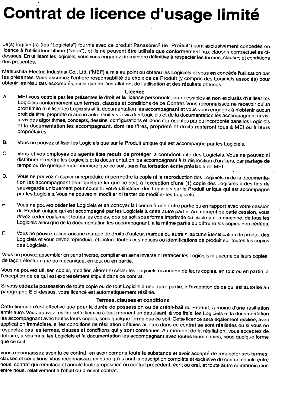 Contrat de licence d'usage limité, Licence | Panasonic CF-27 User Manual | Page 24 / 28