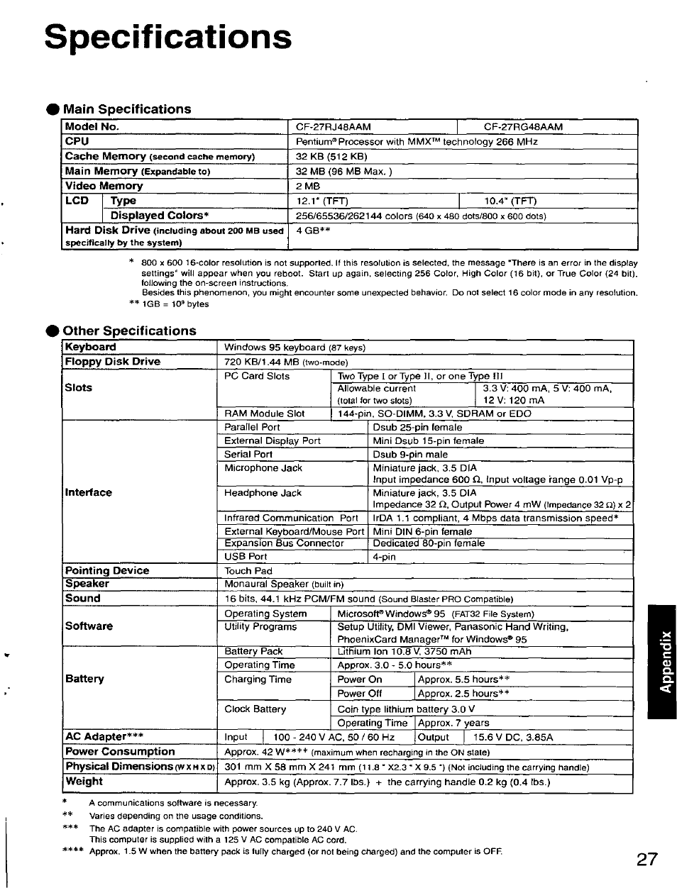 Specifications, Main specifications, Other specifications | Panasonic CF-27 User Manual | Page 27 / 28