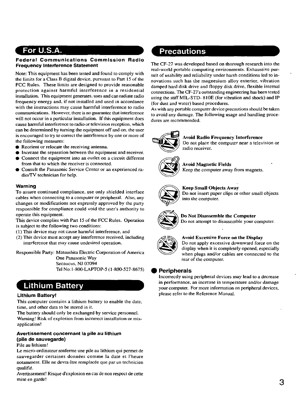 Warning, Lithium battery, Peripherals | For u.s.a, Precautions | Panasonic CF-27 User Manual | Page 3 / 28