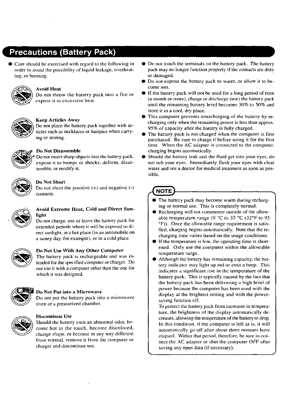 Precautions (battery pack) | Panasonic CF-27 User Manual | Page 4 / 28