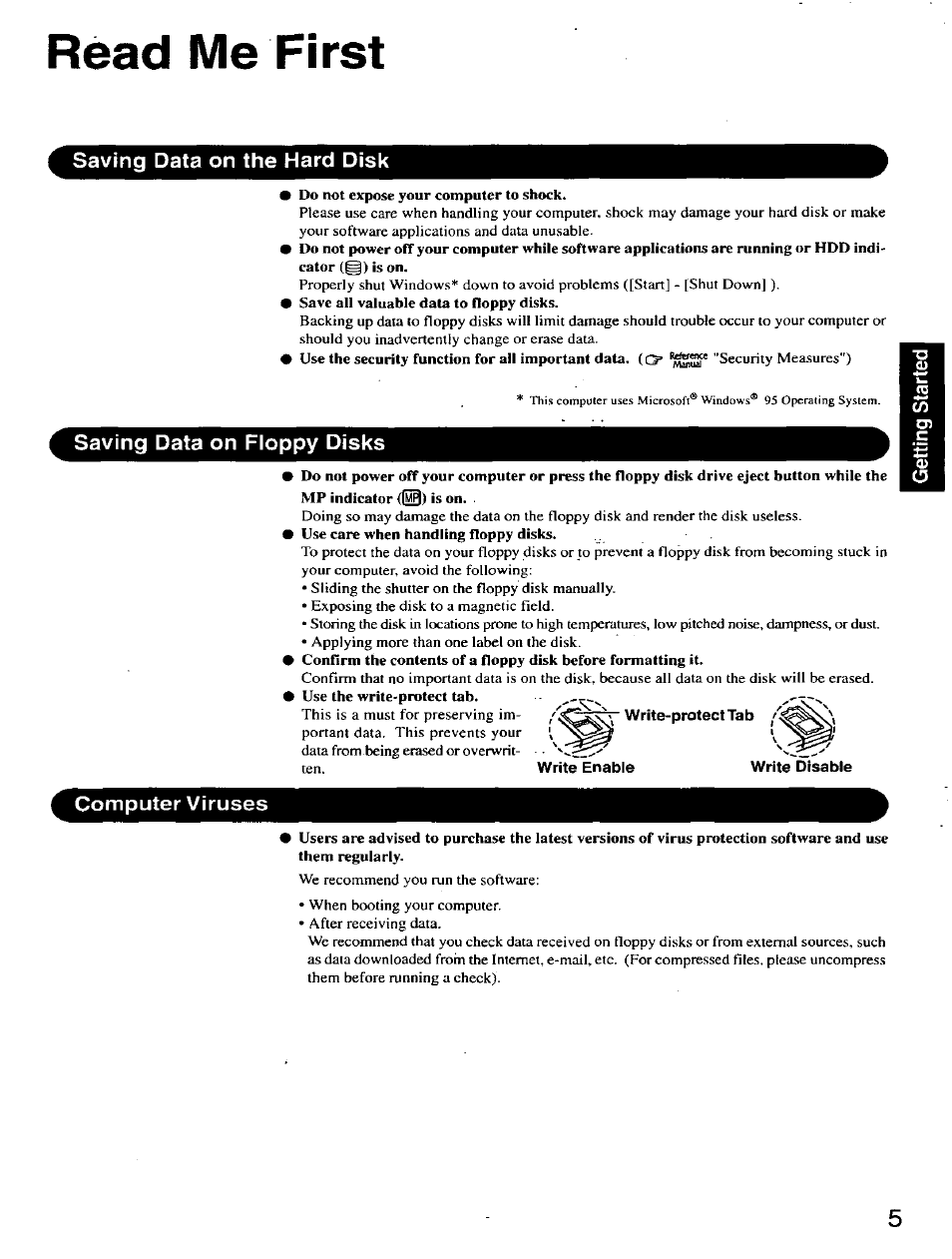 Read me first, Saving data on the hard disk, Saving data on floppy disks | Write-protect tab, Write enable, Write disable, Computer viruses | Panasonic CF-27 User Manual | Page 5 / 28