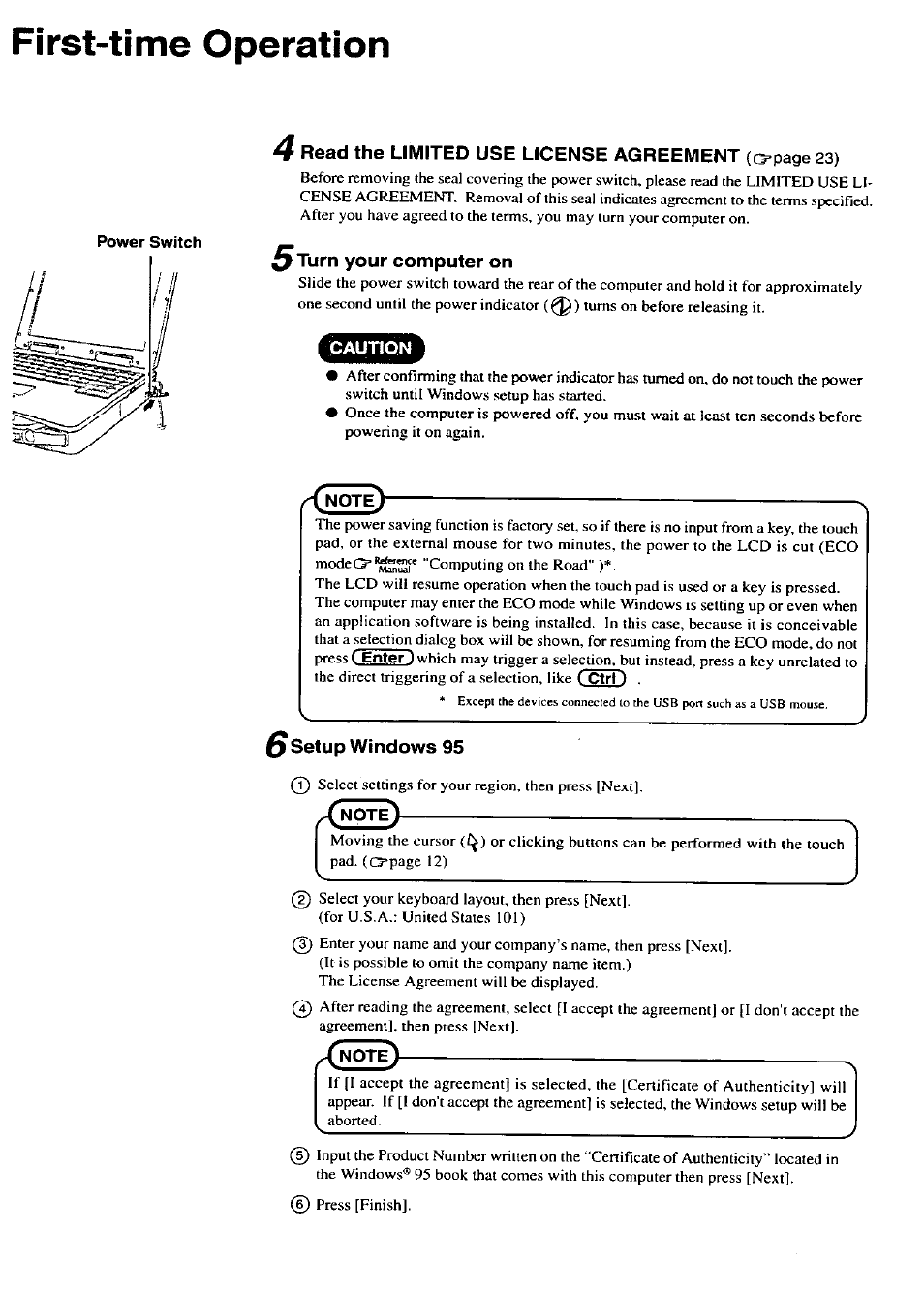 First-time operation, Power switch, Turn your computer on | Setup windows 95 | Panasonic CF-27 User Manual | Page 8 / 28