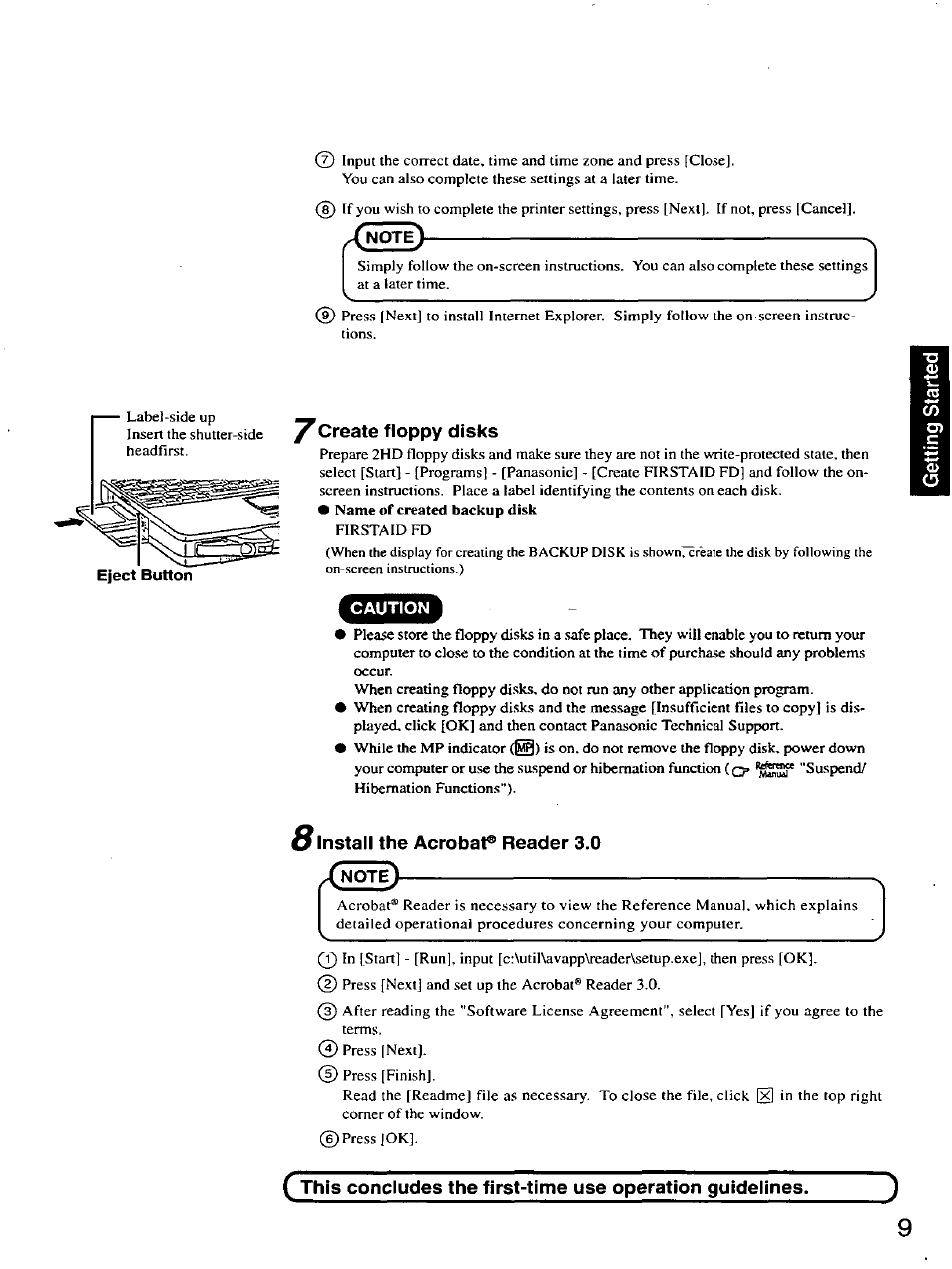 Eject button, Create floppy disks, Install the acrobat® reader 3.0 | Panasonic CF-27 User Manual | Page 9 / 28