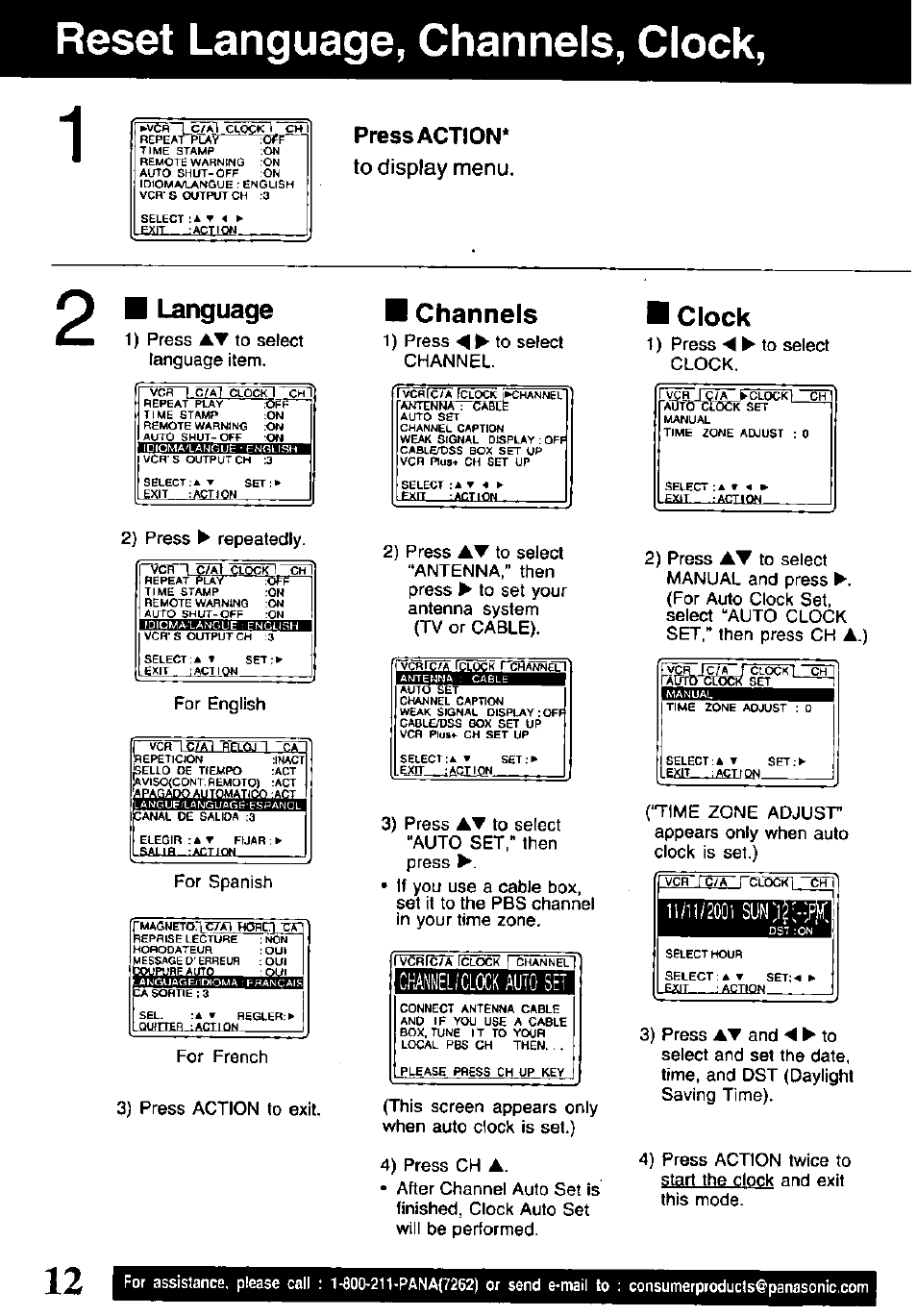 Reset language, channels, clock, Press action, Chaiel/clock auto set | Language, Channels, Clock | Panasonic PV-V4621 User Manual | Page 12 / 44