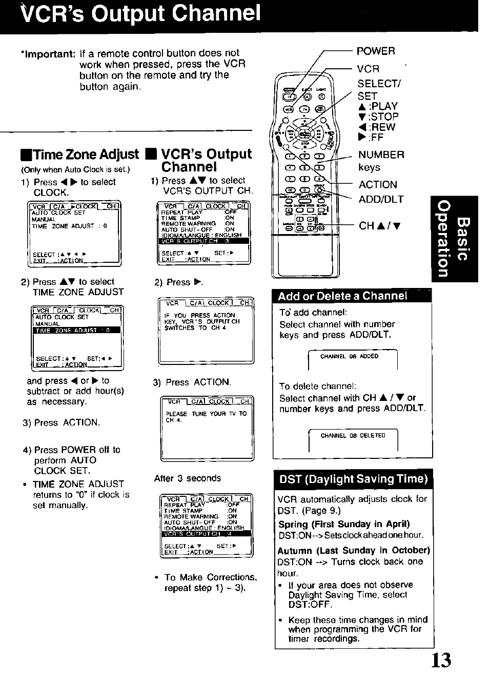 Vcr’s output channel, Time zone adjust, Dst (daylight saving time) | Panasonic PV-V4621 User Manual | Page 13 / 44