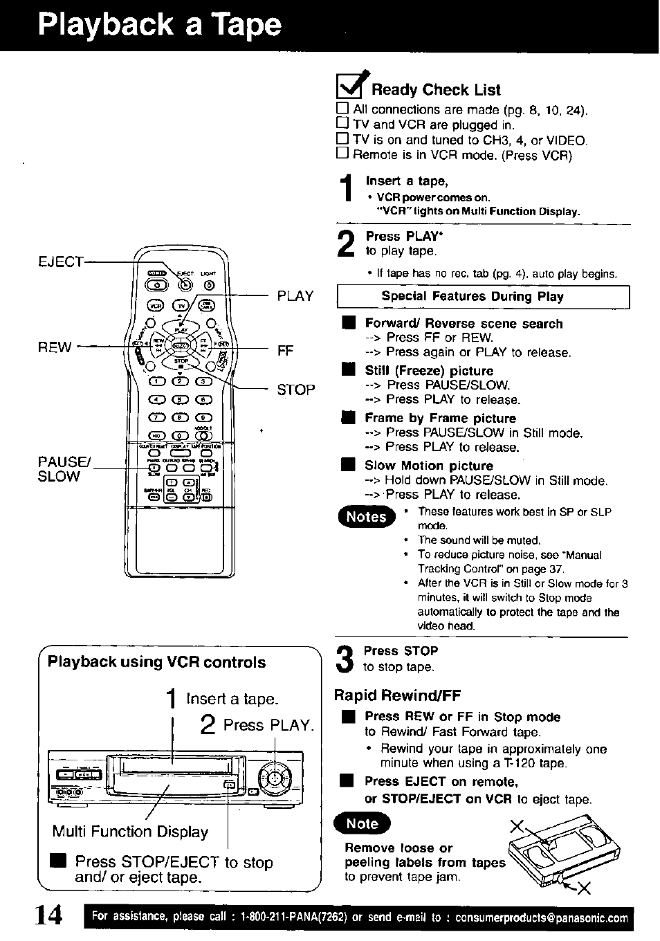 Playback using vcr controls, N^ready check list, Insert a tape | Press play, Forward/ reverse scene search, Rapid rewind/ff, Playback a tape | Panasonic PV-V4621 User Manual | Page 14 / 44