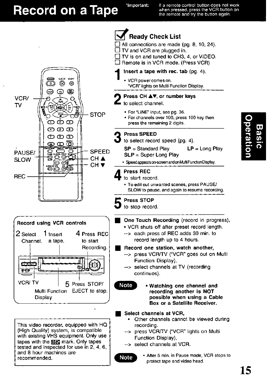 Record on a tape, Record using vcr controls, Press ch at, or number keys | Press speed, Press rec, Press stop, Select channels at vcr | Panasonic PV-V4621 User Manual | Page 15 / 44