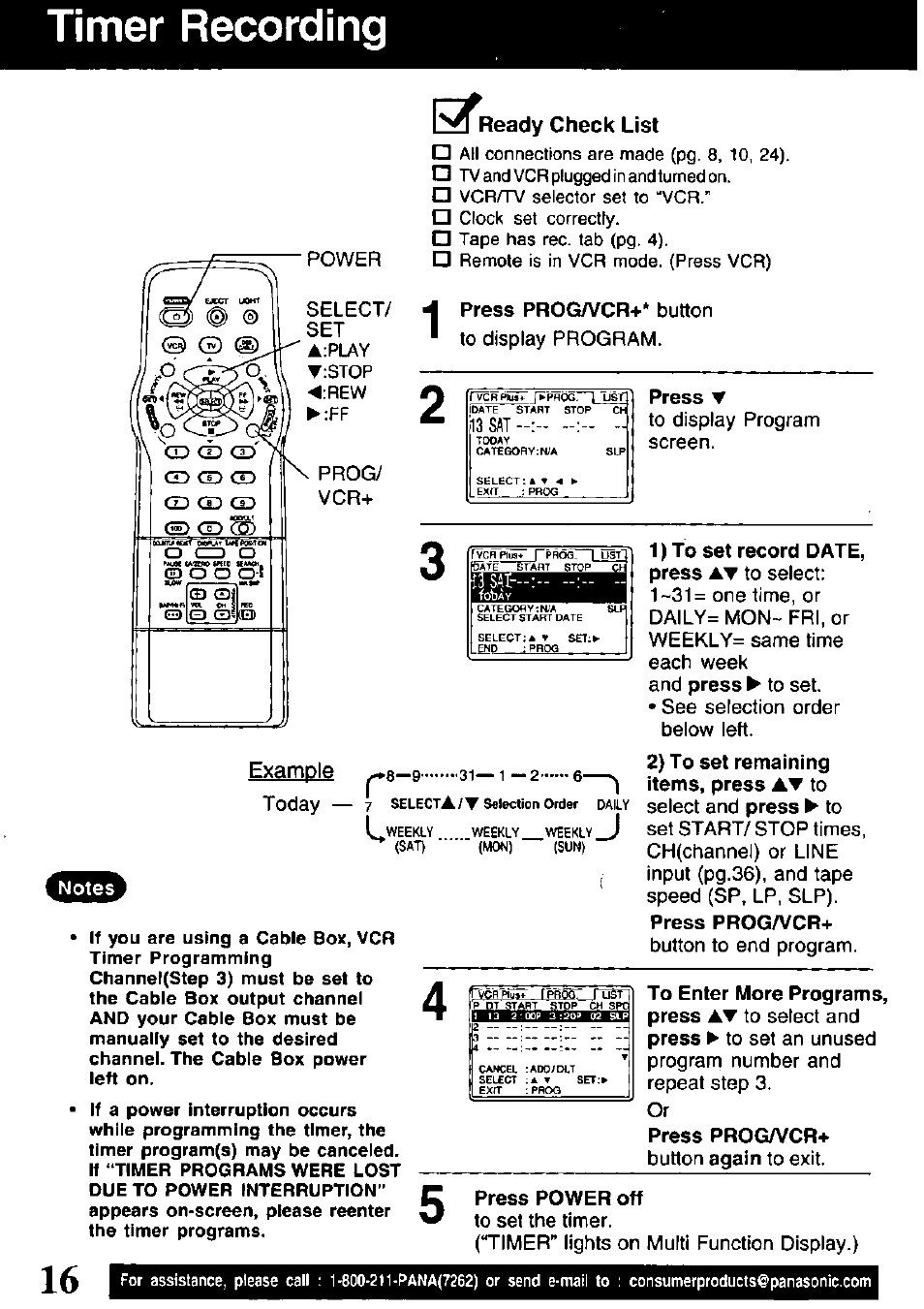 Timer recording, Ready check list, Timer recording ,17 | Panasonic PV-V4621 User Manual | Page 16 / 44