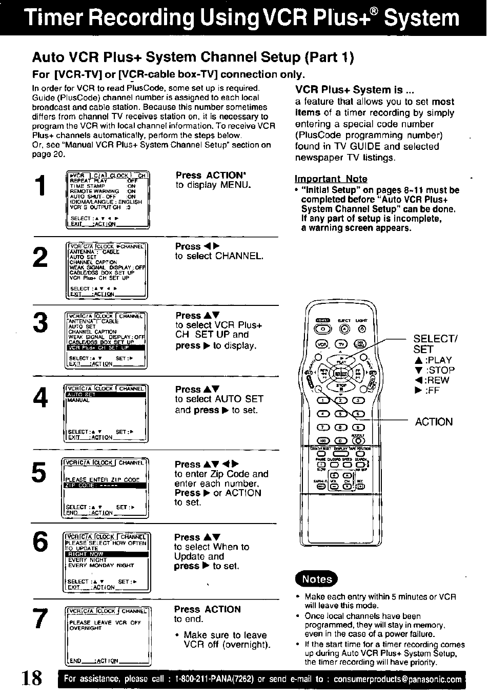 Timer recording using vcr plus+® system, Auto vcr plus-i- system channel setup (part 1), Important note | Timer recording using vcr plus+® system -21, Select/ set a, Action | Panasonic PV-V4621 User Manual | Page 18 / 44