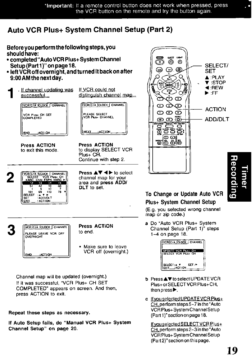 Auto vcr plus+ system channel setup (part 2), Press action, Repeat these steps as necessary | Select/ set a, Action add/dlt | Panasonic PV-V4621 User Manual | Page 19 / 44