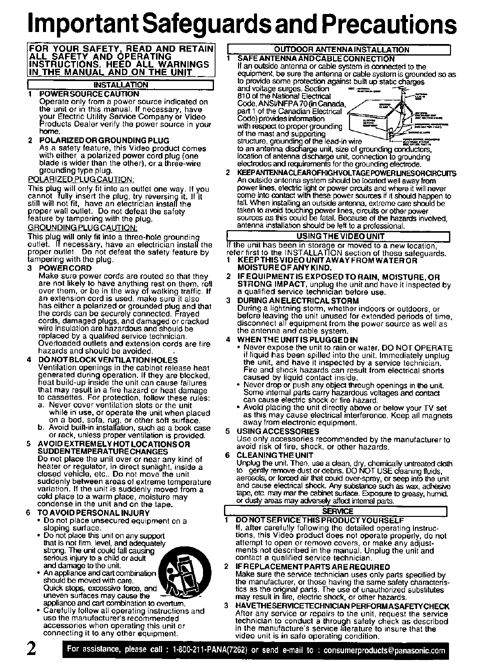Important safeguards and precautions | Panasonic PV-V4621 User Manual | Page 2 / 44