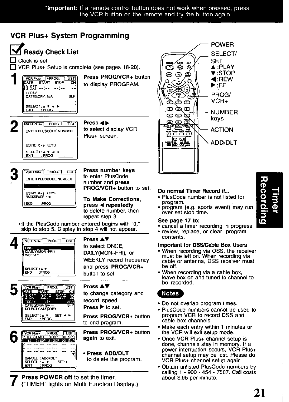 Vcr plus+ system programming, Ready check list, Press proga^cr+ button | Press m, Press number keys, To make corrections, press m repeatedly, Press at, Press aw, Do normal timer record if, Important for dss/cable box users | Panasonic PV-V4621 User Manual | Page 21 / 44