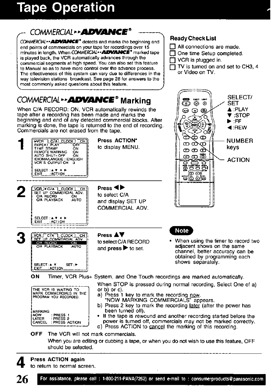 Tape operation, Coimercial, Marking | Keys, J~c7an_cldqkl_cb, Ready check list, Select/ set, Action | Panasonic PV-V4621 User Manual | Page 26 / 44
