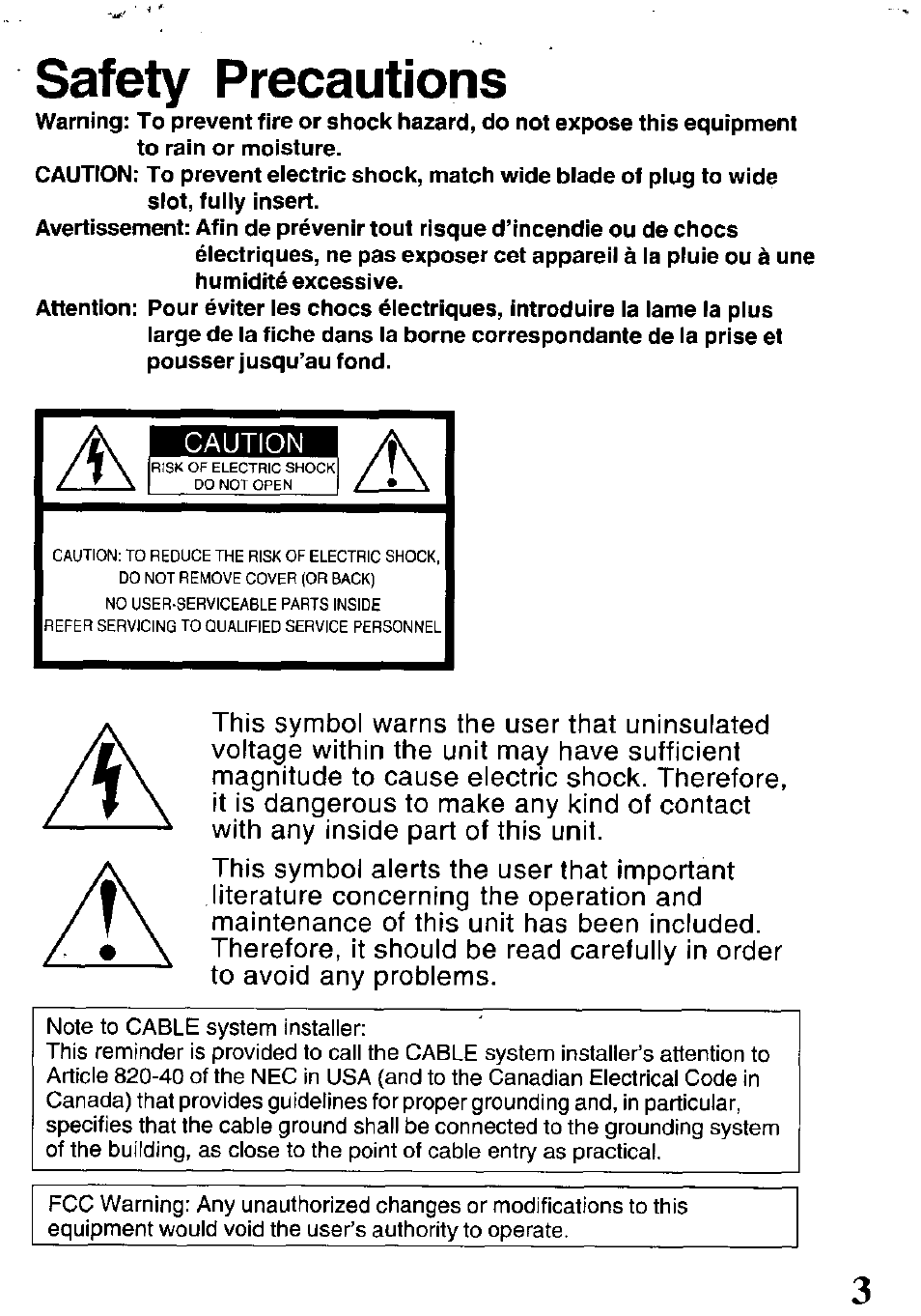 Safety precautions | Panasonic PV-V4621 User Manual | Page 3 / 44