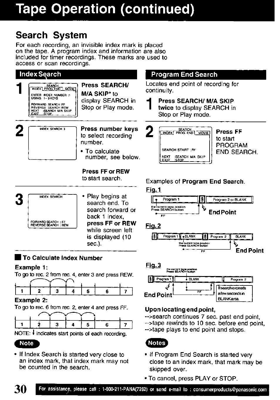 Tape operation (continued), Search system | Panasonic PV-V4621 User Manual | Page 30 / 44
