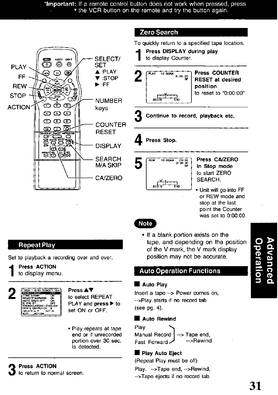 Repeat play, Press at, Press action | Zero search, Press counter reset at desired position, Continue to record, playback etc, Press stop, Press ca/zero in stop mode, Auto operation functions, M auto play | Panasonic PV-V4621 User Manual | Page 31 / 44