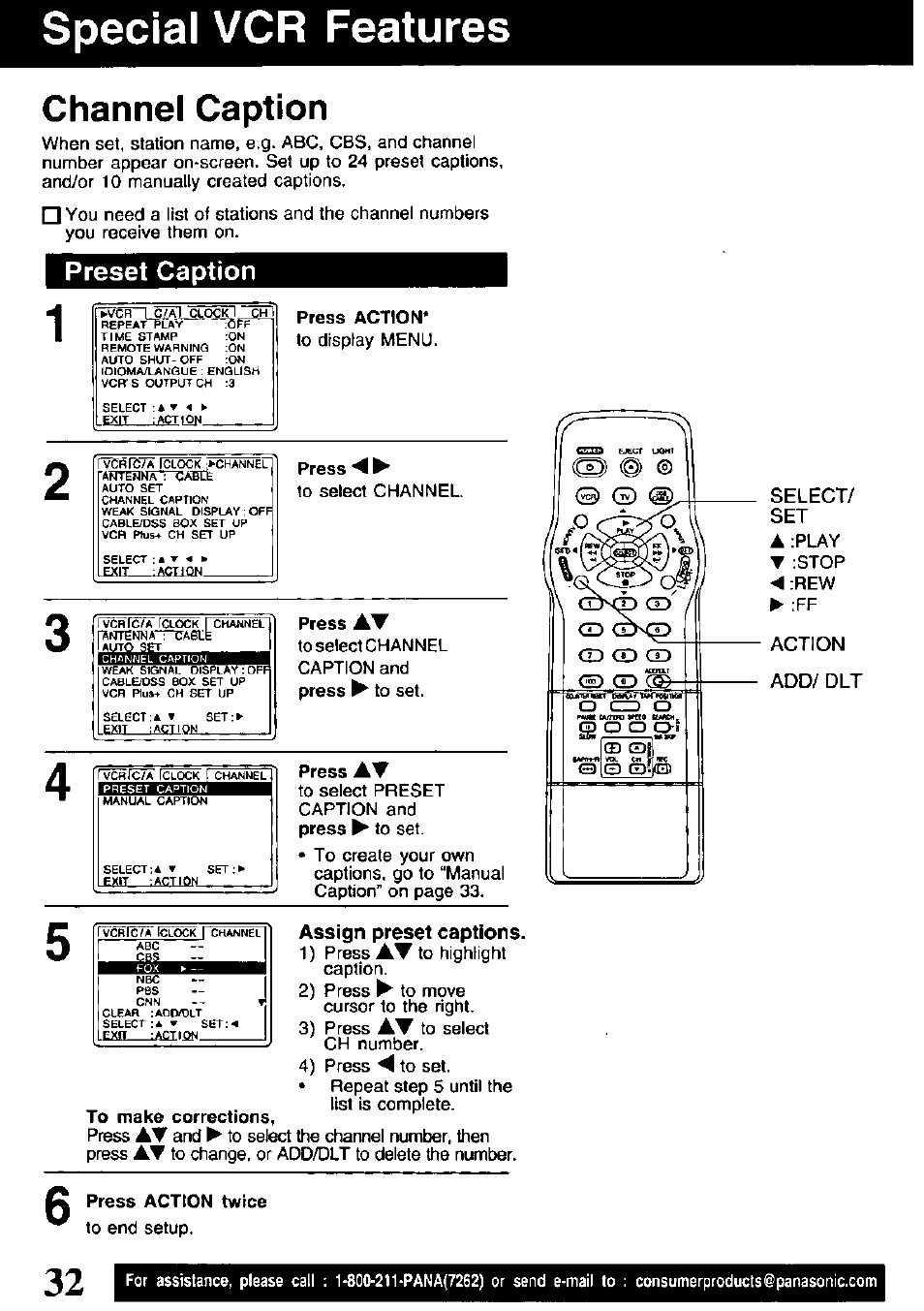 Special vcr features, Preset caption, Special vcr features -35 | Channel caption | Panasonic PV-V4621 User Manual | Page 32 / 44
