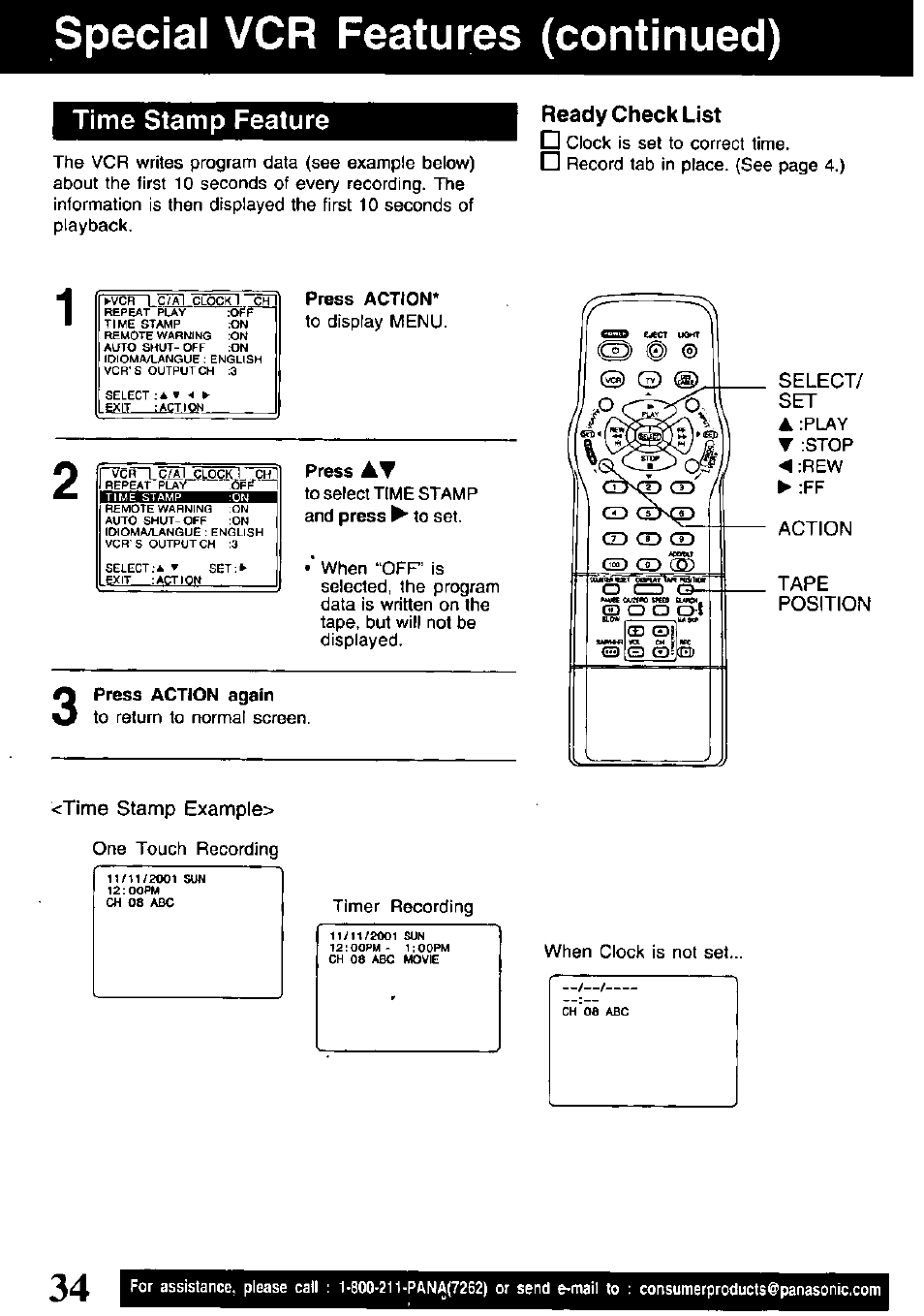 Special vcr features (continued), Time stamp feature, Press action again | Ready check list, Select/ set, Action tape position <time stamp example | Panasonic PV-V4621 User Manual | Page 34 / 44