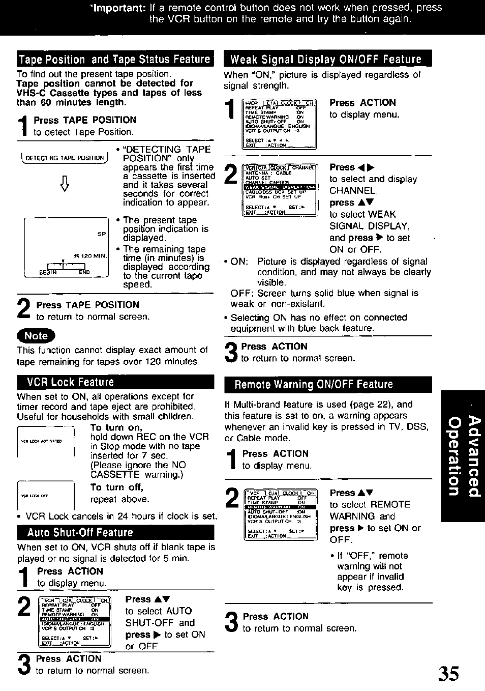 Press tape position, Press action, Press | Press at | Panasonic PV-V4621 User Manual | Page 35 / 44