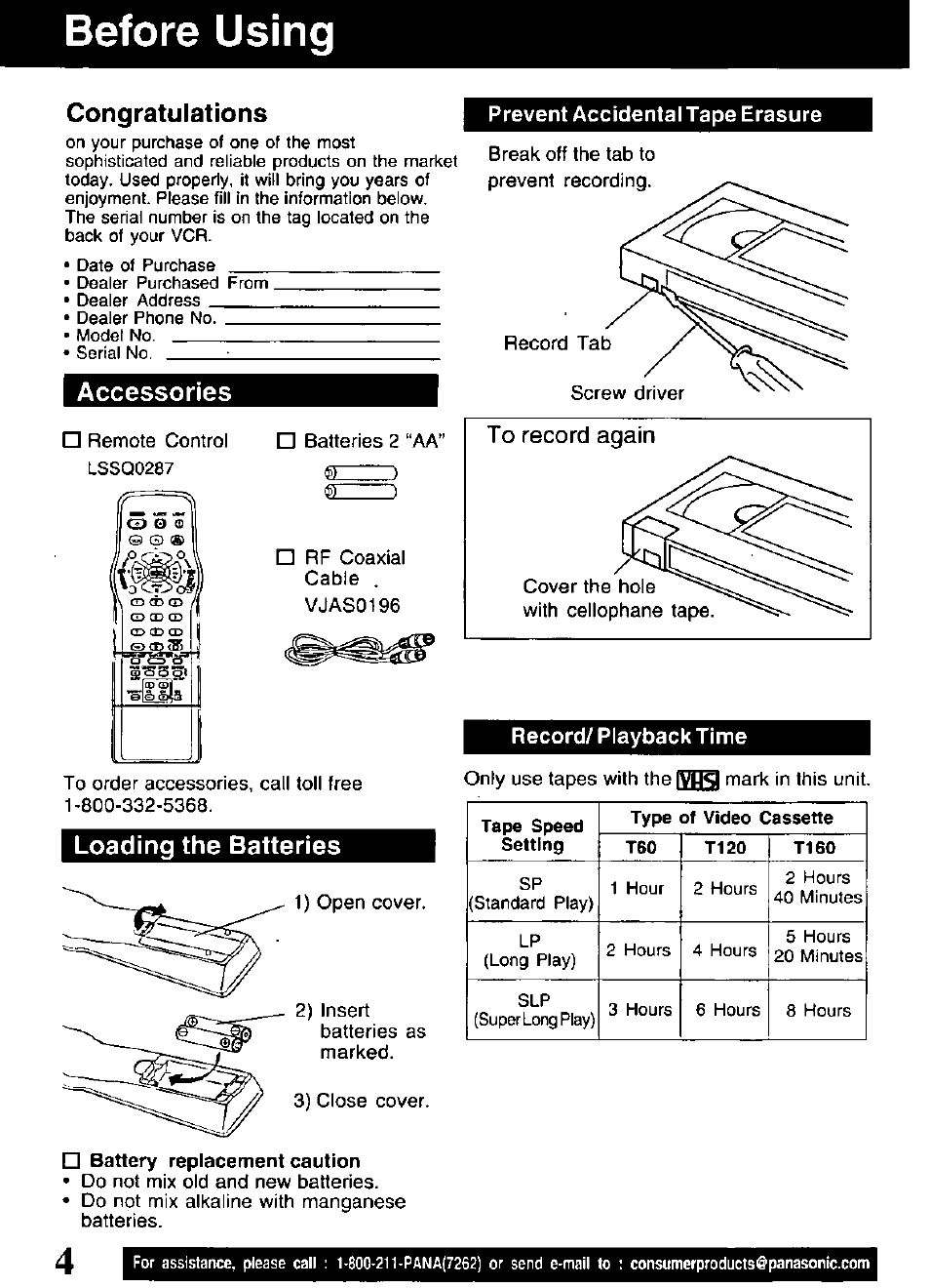 Before using, Congratulations, Prevent accidental tape erasure | Accessories, Loading the batteries | Panasonic PV-V4621 User Manual | Page 4 / 44