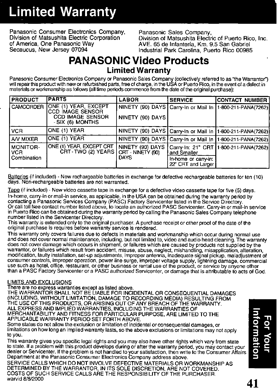 Limited warranty, Panasonic video products | Panasonic PV-V4621 User Manual | Page 41 / 44