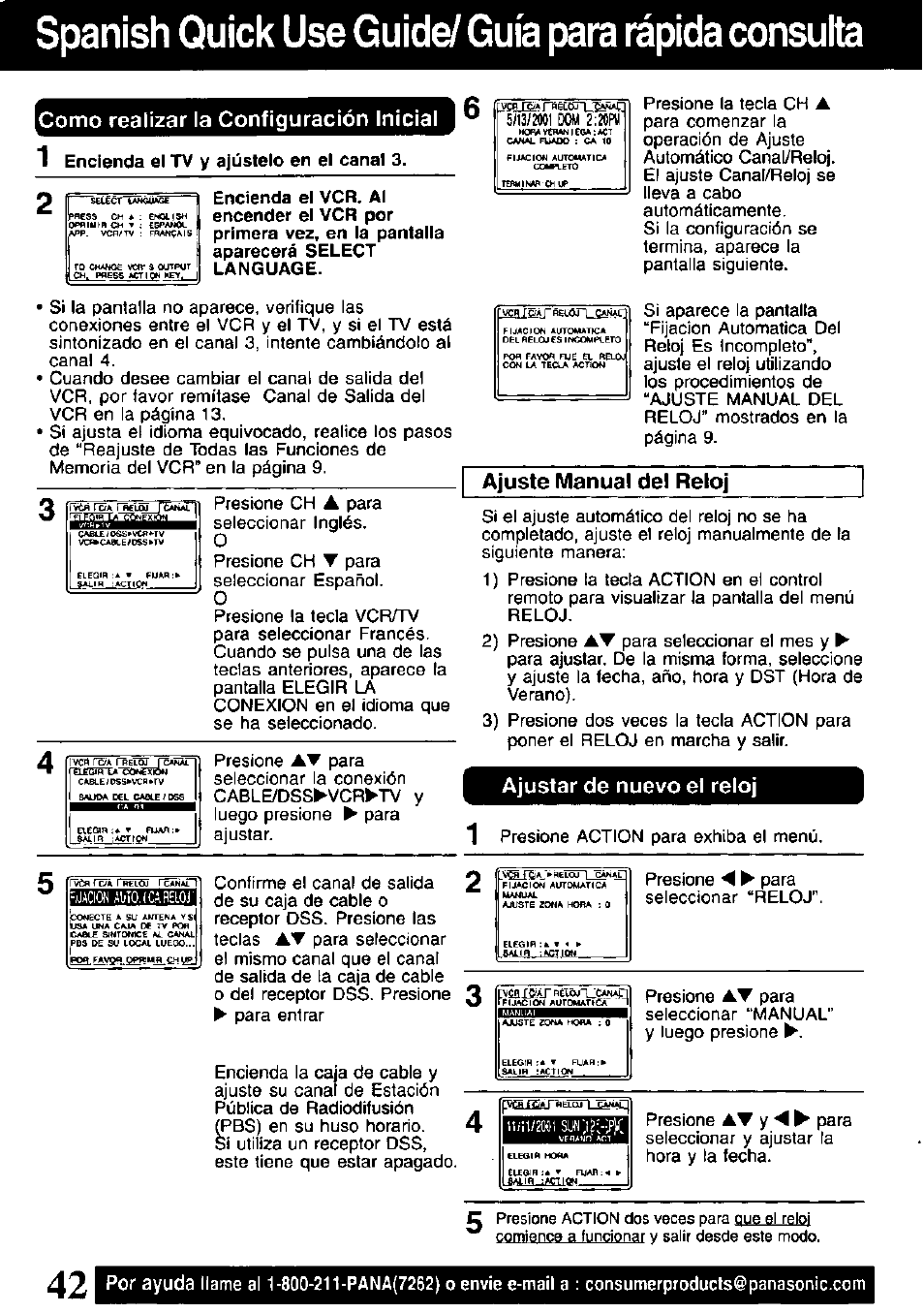Spanish quick use guide/ guía para rápida consulta, Como realizar la configuración inicial, 1 encienda el tv y ajúsfelo en el canal 3 | Ajuste manual del reloj, Ajustar de nuevo el reloj | Panasonic PV-V4621 User Manual | Page 42 / 44