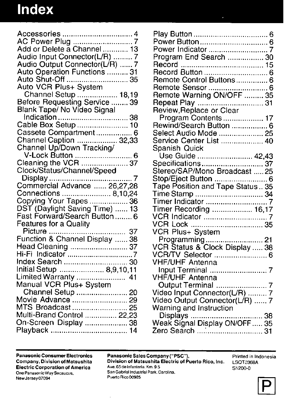 Index | Panasonic PV-V4621 User Manual | Page 44 / 44