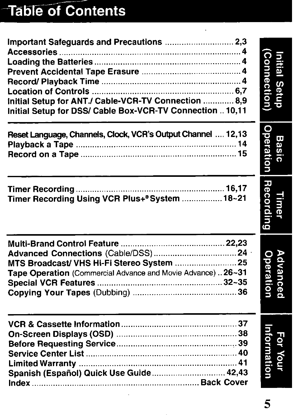 Tableof contents | Panasonic PV-V4621 User Manual | Page 5 / 44