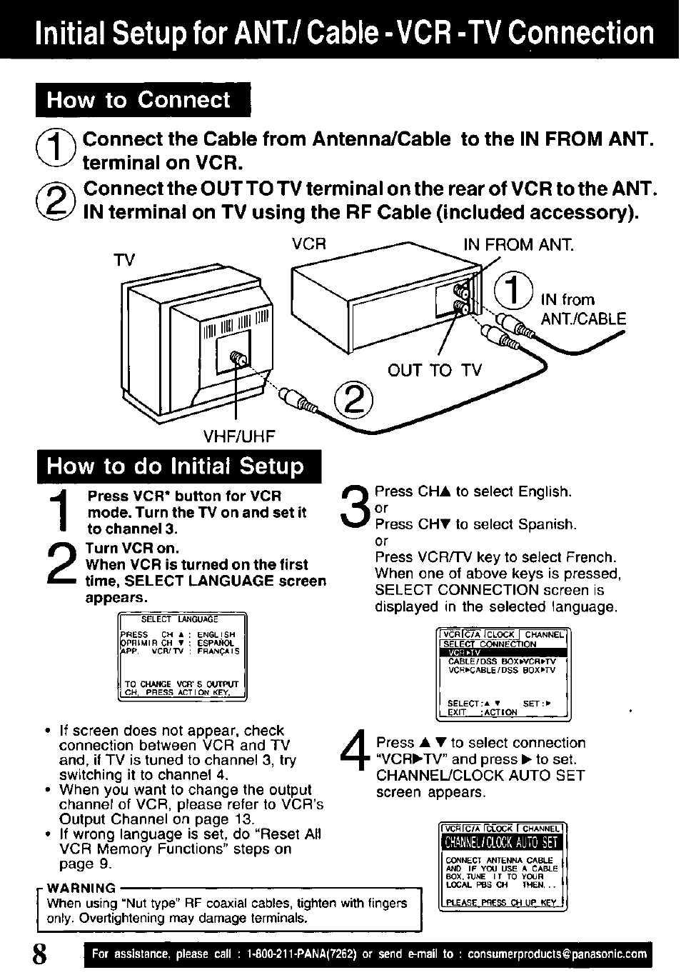 Initial setup for ant./ cable - vcr -tv connection, Initial setup for ant./ cable-vcr-tv connection ,9, How to connect | How to do initial setup | Panasonic PV-V4621 User Manual | Page 8 / 44