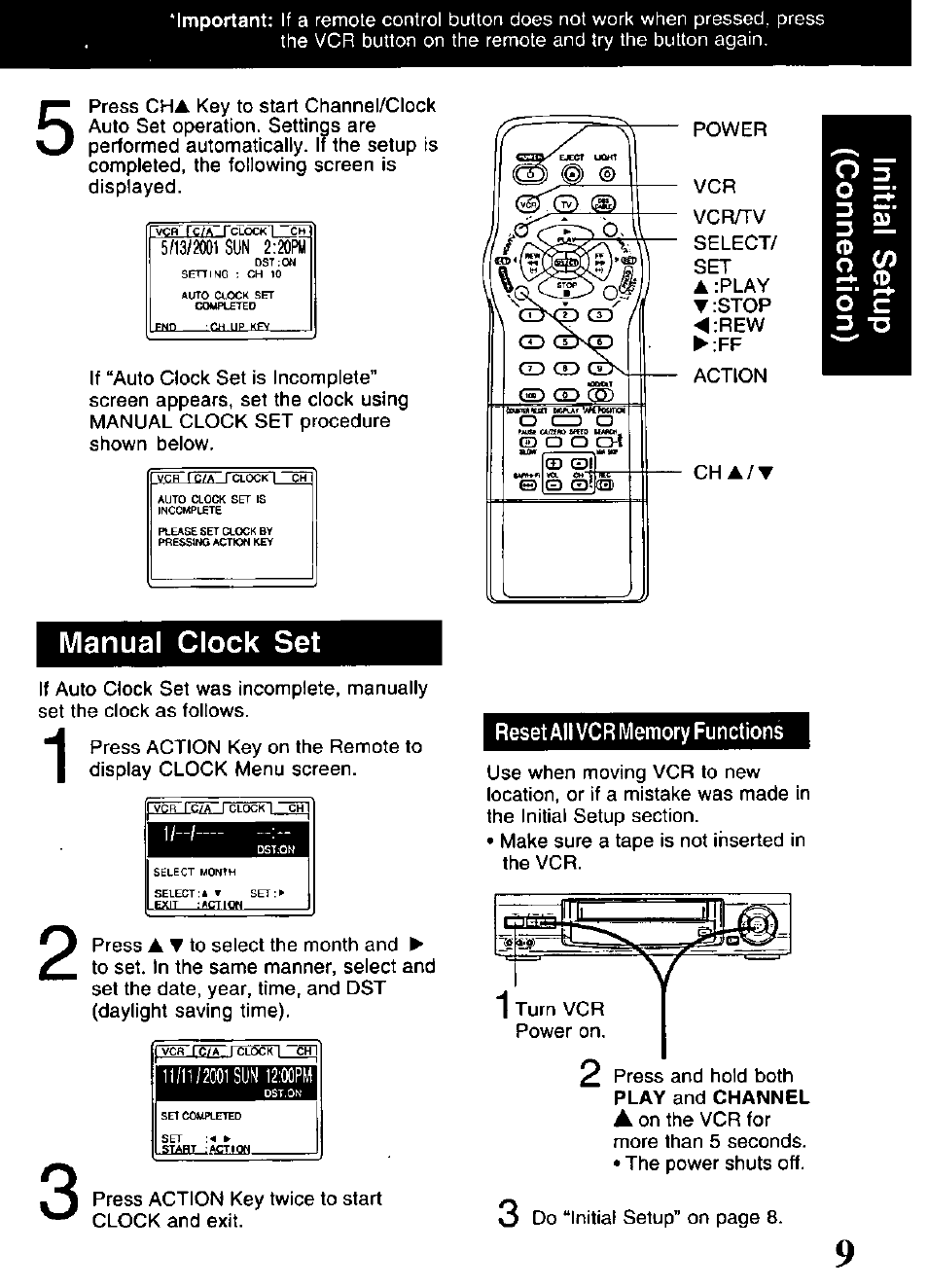Reset all vcr memory functions, Manual clock set | Panasonic PV-V4621 User Manual | Page 9 / 44