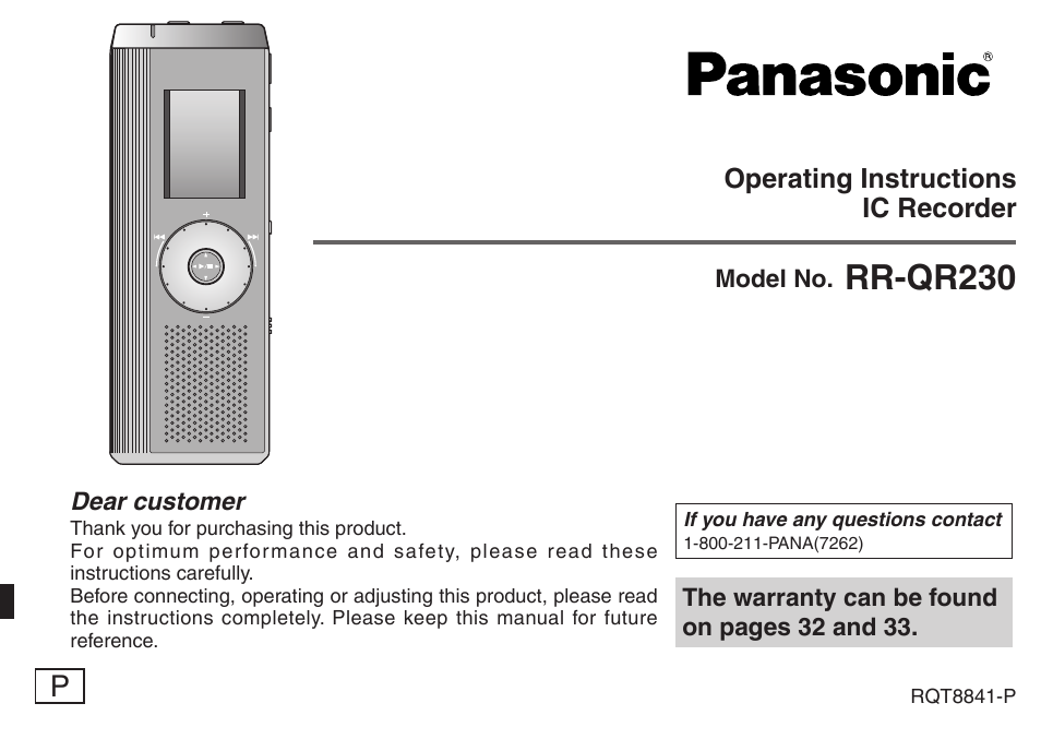 Panasonic RQT8841-P User Manual | 36 pages