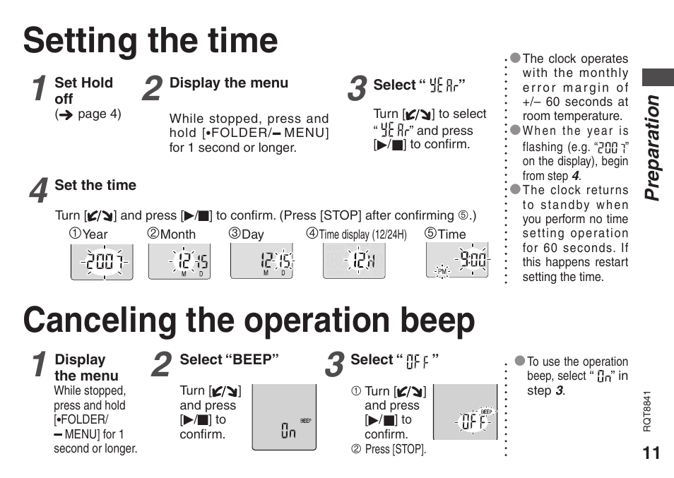 Setting the time, Canceling the operation beep, Preparation | Panasonic RQT8841-P User Manual | Page 11 / 36