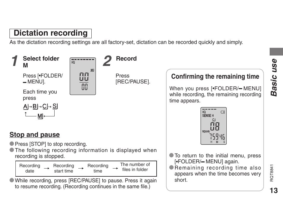 Dictation recording, Basic use | Panasonic RQT8841-P User Manual | Page 13 / 36