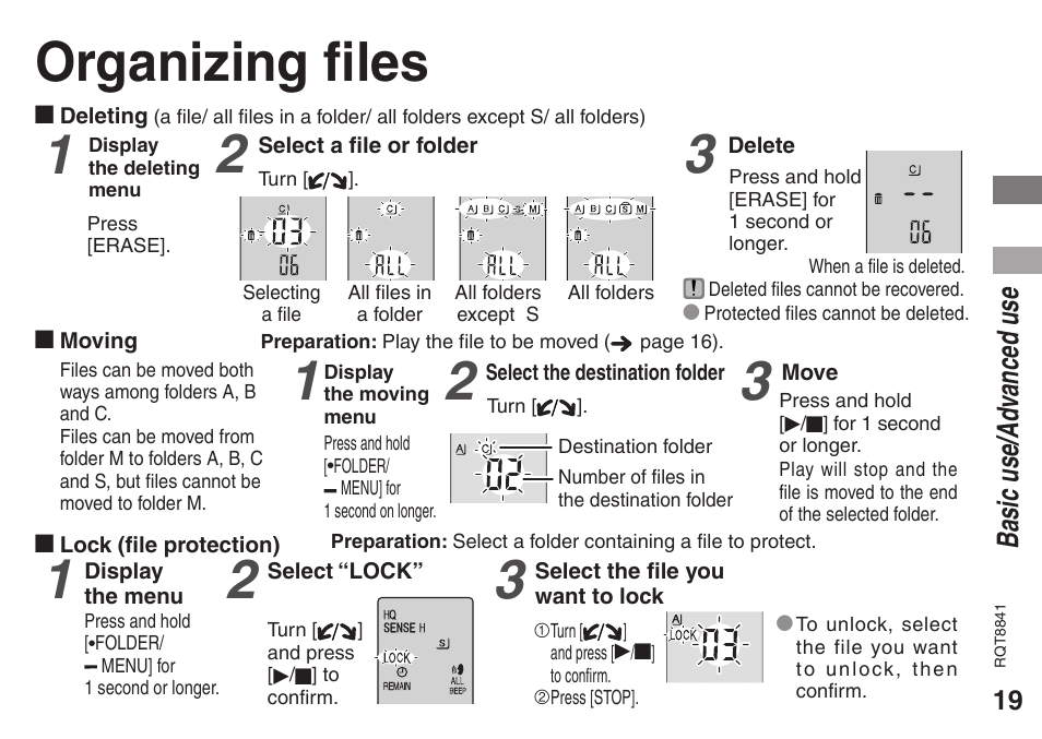 Advanced use, Organizing files, Basic use/ad vanced use | Panasonic RQT8841-P User Manual | Page 19 / 36
