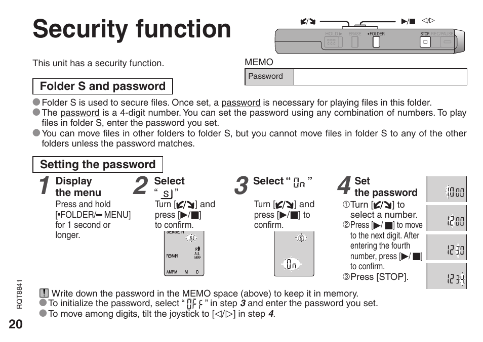 Security function | Panasonic RQT8841-P User Manual | Page 20 / 36