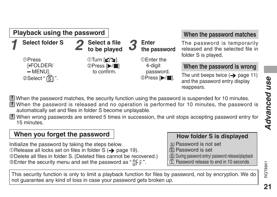Ad vanced use | Panasonic RQT8841-P User Manual | Page 21 / 36