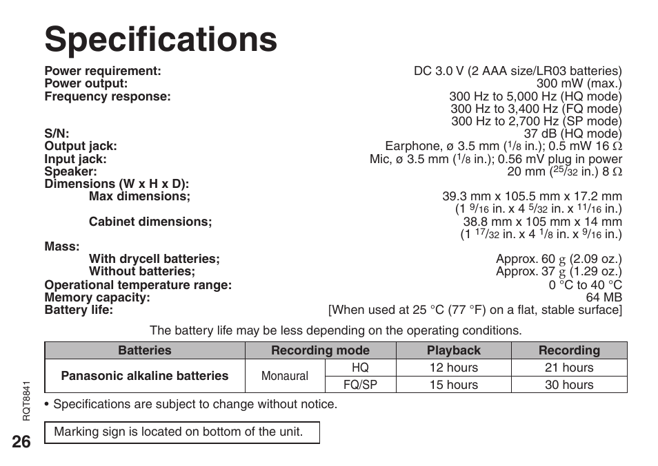 Specifications | Panasonic RQT8841-P User Manual | Page 26 / 36