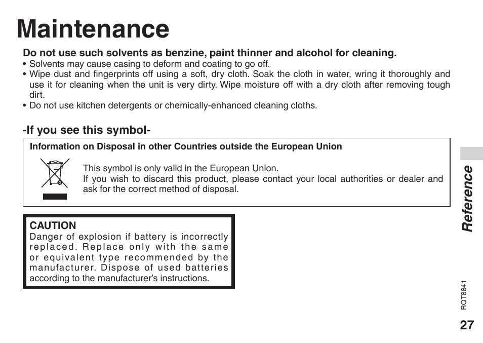 Maintenance, Ref erence | Panasonic RQT8841-P User Manual | Page 27 / 36