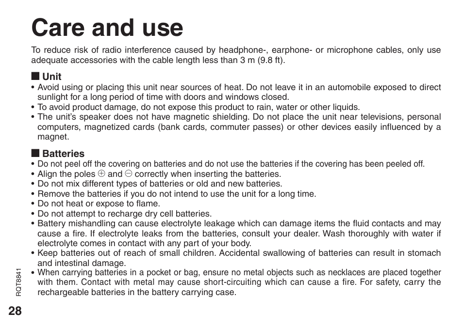 Care and use | Panasonic RQT8841-P User Manual | Page 28 / 36