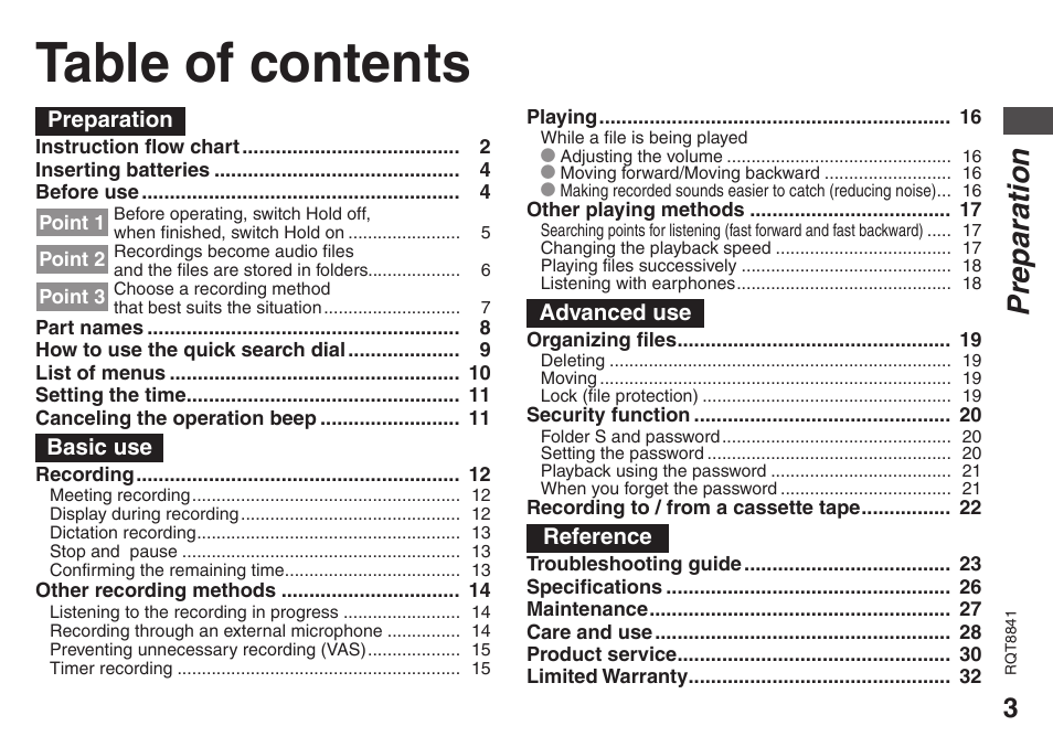 Panasonic RQT8841-P User Manual | Page 3 / 36