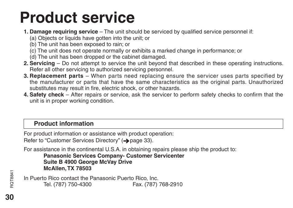Product service | Panasonic RQT8841-P User Manual | Page 30 / 36
