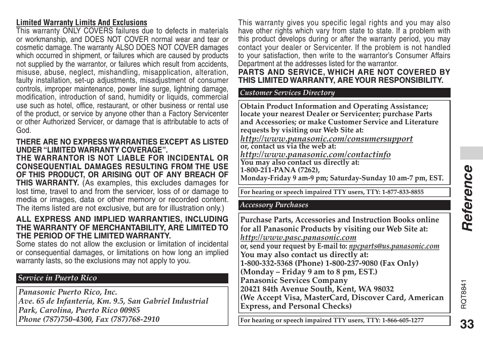 Ref erence | Panasonic RQT8841-P User Manual | Page 33 / 36