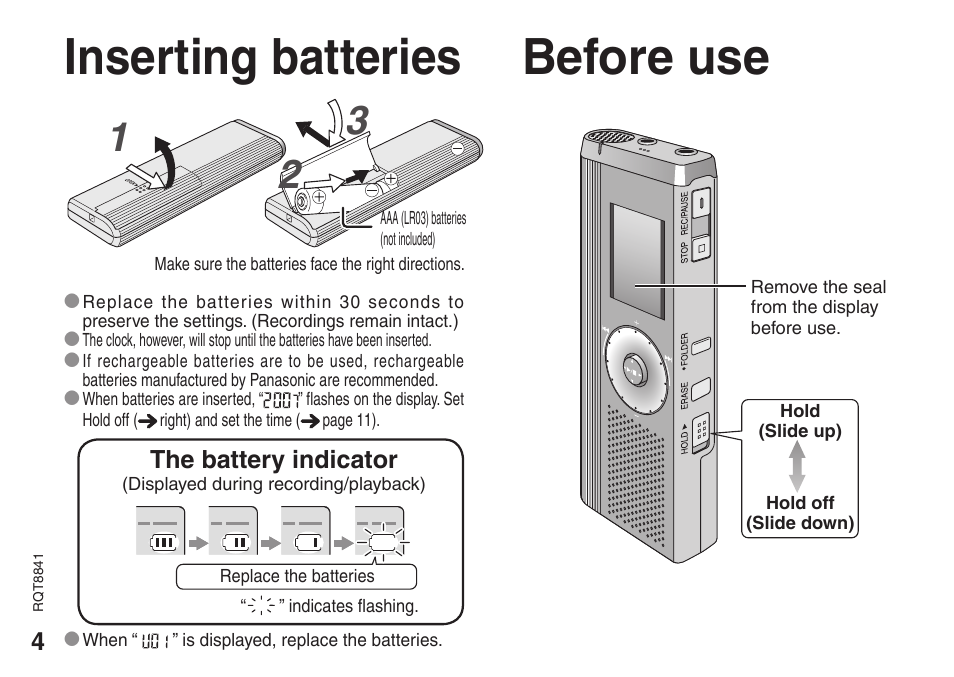 Inserting batteries, Before use, Inserting batteries before use | Panasonic RQT8841-P User Manual | Page 4 / 36