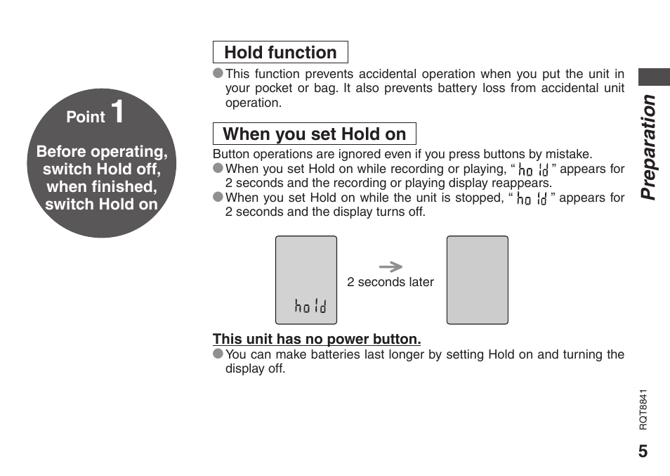 Preparation, Hold function, When you set hold on | Panasonic RQT8841-P User Manual | Page 5 / 36