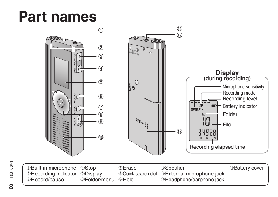 Part names | Panasonic RQT8841-P User Manual | Page 8 / 36
