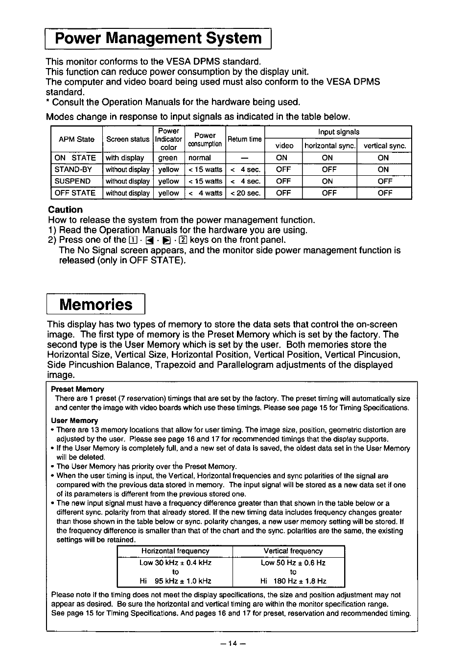 Caution, Power management system | Panasonic PanaSync S110 User Manual | Page 20 / 72