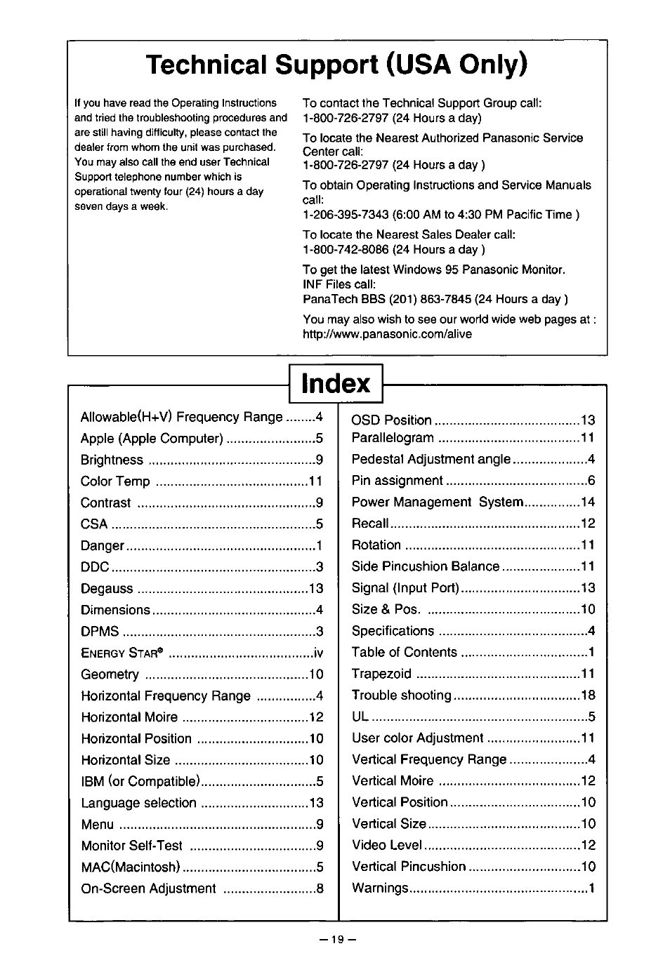 Technical support (usa only), Index | Panasonic PanaSync S110 User Manual | Page 25 / 72